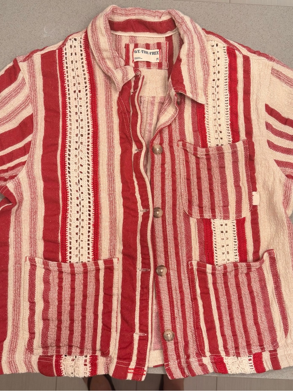 Free People Red & Cream Striped Button-Up Jacket